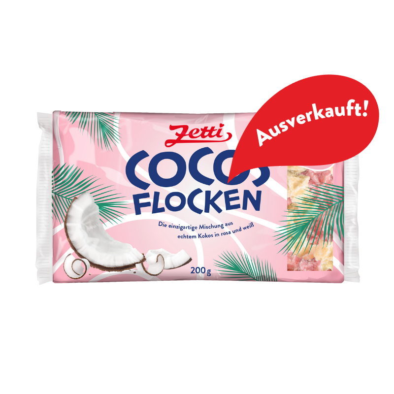 Die Vorderseite der Zetti  Cocos Flocken rosa weiß mit einer Blase, in der "ausverkauft" steht.